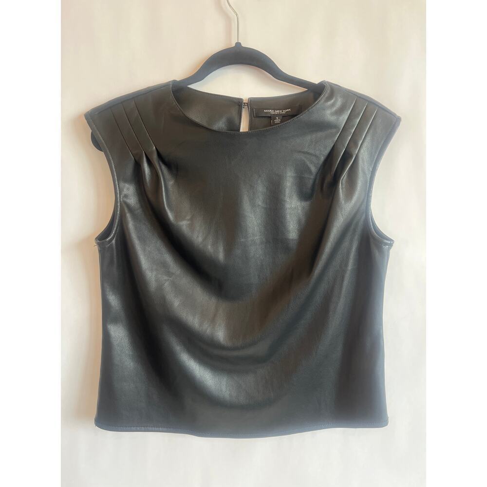 Andrew Marc New York Faux Leather Wide Shoulder
Sleeveless Top Pleated Black SML